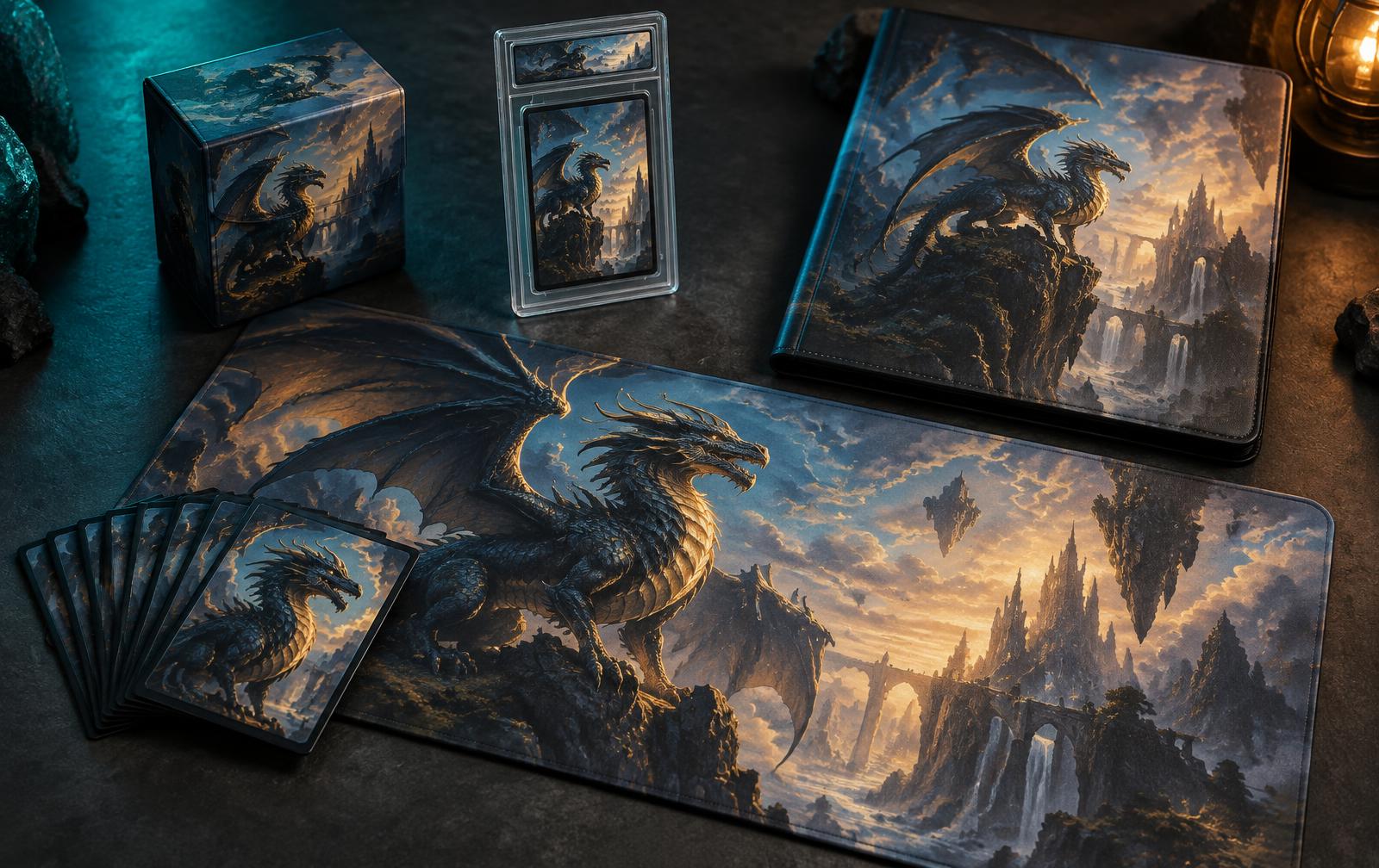 Custom playmat, sleeves, deck box, binder and card slab made by Custom TCG Gear